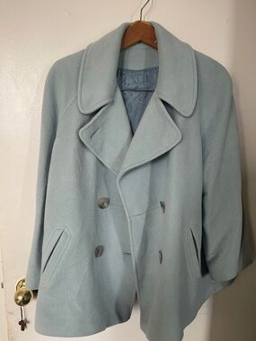 Double-Breasted Light Blue Women's Wool Coat